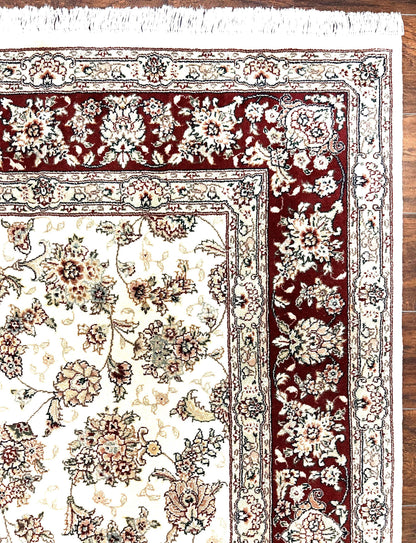 Pak Persian Rug 6x9, Floral Allover Carpet 6 x 9 ft, Cream and Maroon Hand Knotted Wool and Silk Fine Oriental Rug, Traditional Vintage Rug - Nuvé