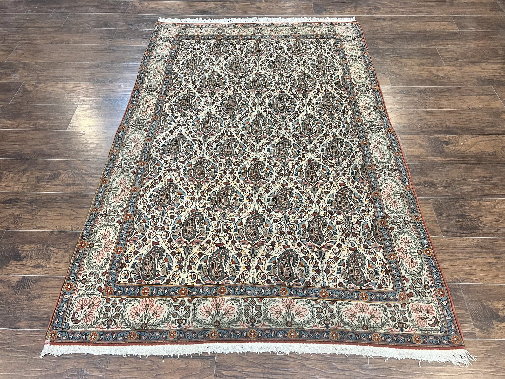 Persian Qum Rug 5x6, Cream Wool Hand Knotted Carpet, Repeated Boteh Paisely Design, Semi Antique Vintage Rug, Very Fine Weave 5 x 6 Rug - Nuvé