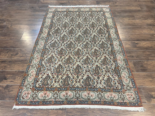 Persian Qum Rug 5x6, Cream Wool Hand Knotted Carpet, Repeated Boteh Paisely Design, Semi Antique Vintage Rug, Very Fine Weave 5 x 6 Rug - Nuvé