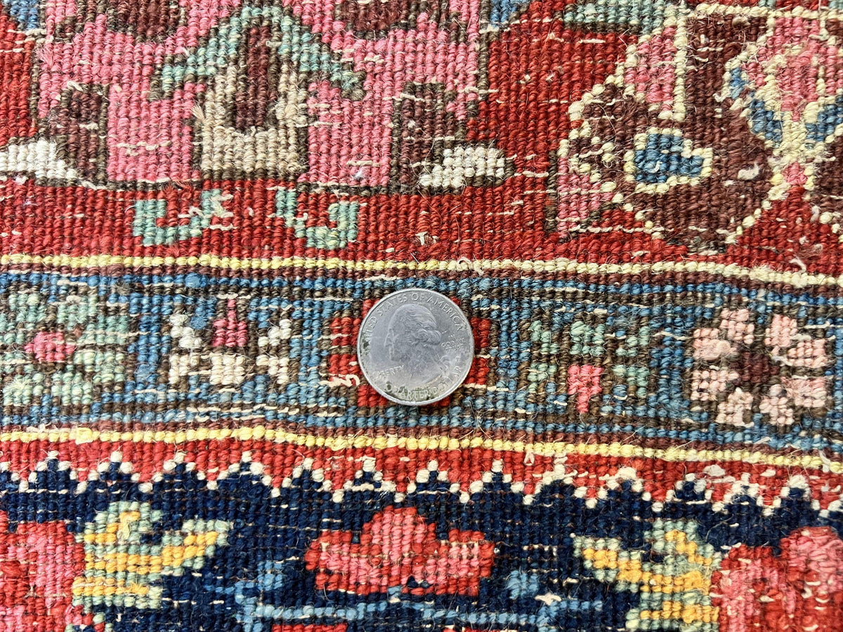 Antique Persian Bidjar Rug 4x5, Red and Blue, Hand Knotted Wool Carpet