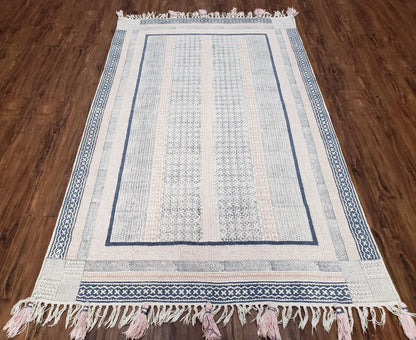 Vintage Moroccan Kilim Area Rug 4x6, Ivory & Blues, Moroccan Wall Hanging, Wool, Handmade, 3'9" x 6' 1", Boho Rug, Flatweave Moroccan Carpet - Nuvé