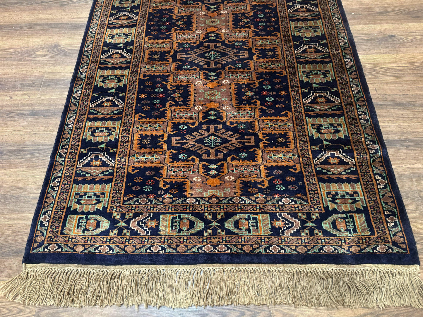 Vintage Afghan Rug 4x6, Navy Blue and Light Brown, Geometric Medallions, Wool on Wool, Tribal Rug - Nuvé