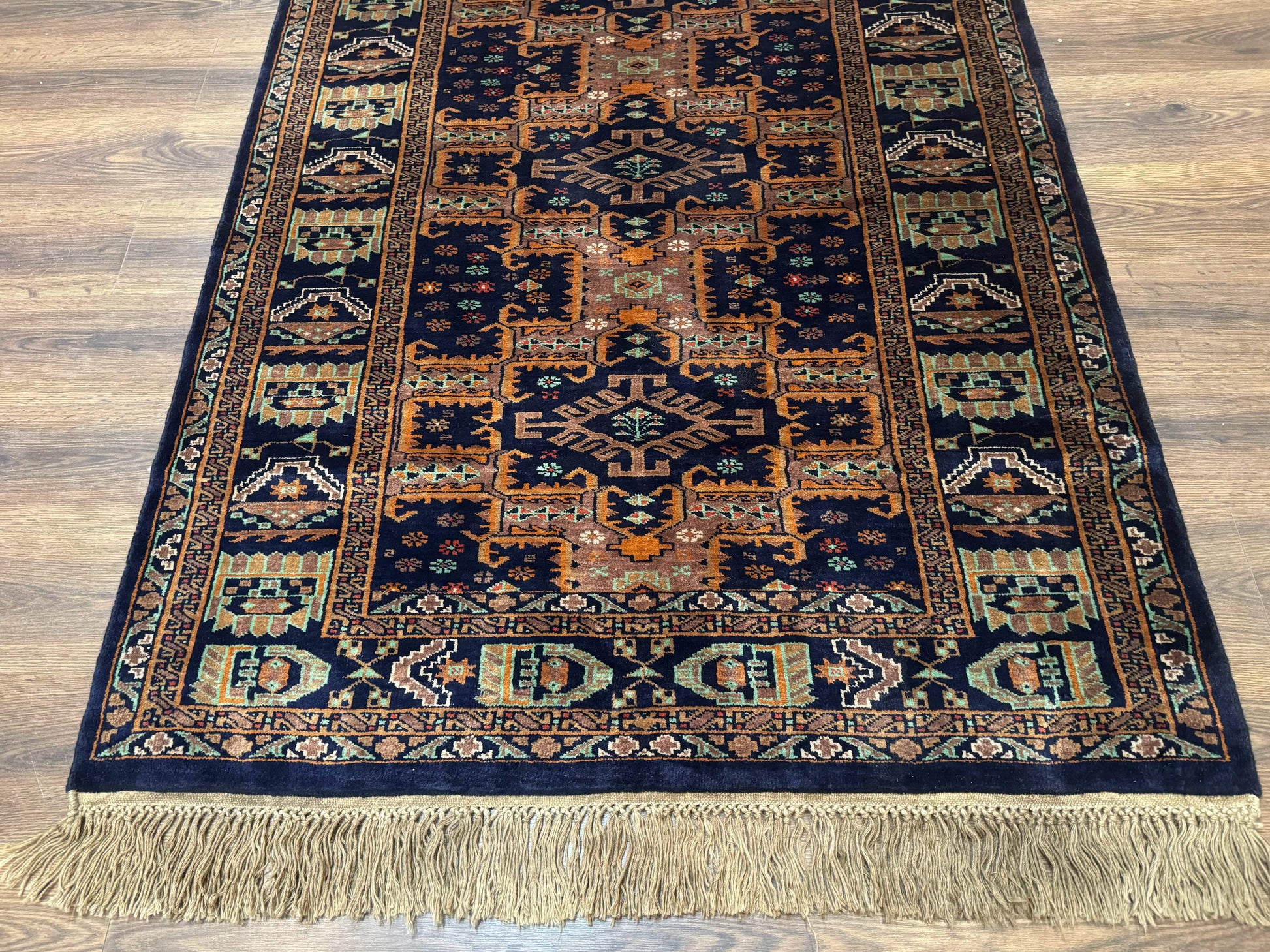 Vintage Afghan Rug 4x6, Navy Blue and Light Brown, Geometric Medallions, Wool on Wool, Tribal Rug - Nuvé