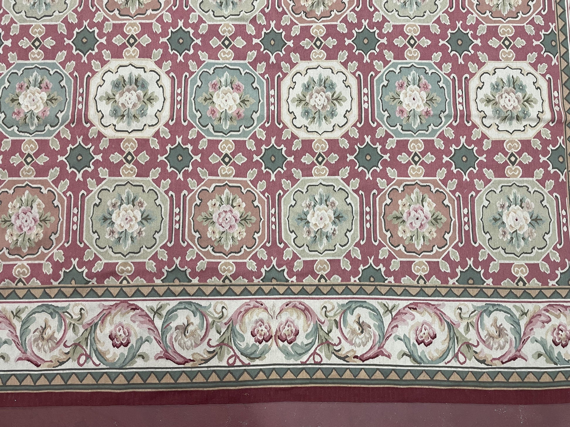 9x9 Square Rug Hand Knotted, Needlepoint Aubusson Carpet, Blush Red, Beige, Green, New, Mint Condition Area Rug, English European Design - Nuvé