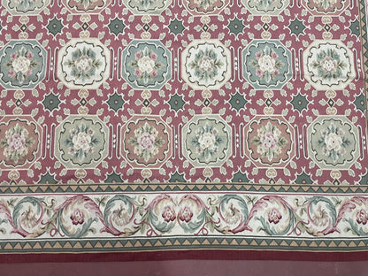 9x9 Square Rug Hand Knotted, Needlepoint Aubusson Carpet, Blush Red, Beige, Green, New, Mint Condition Area Rug, English European Design - Nuvé