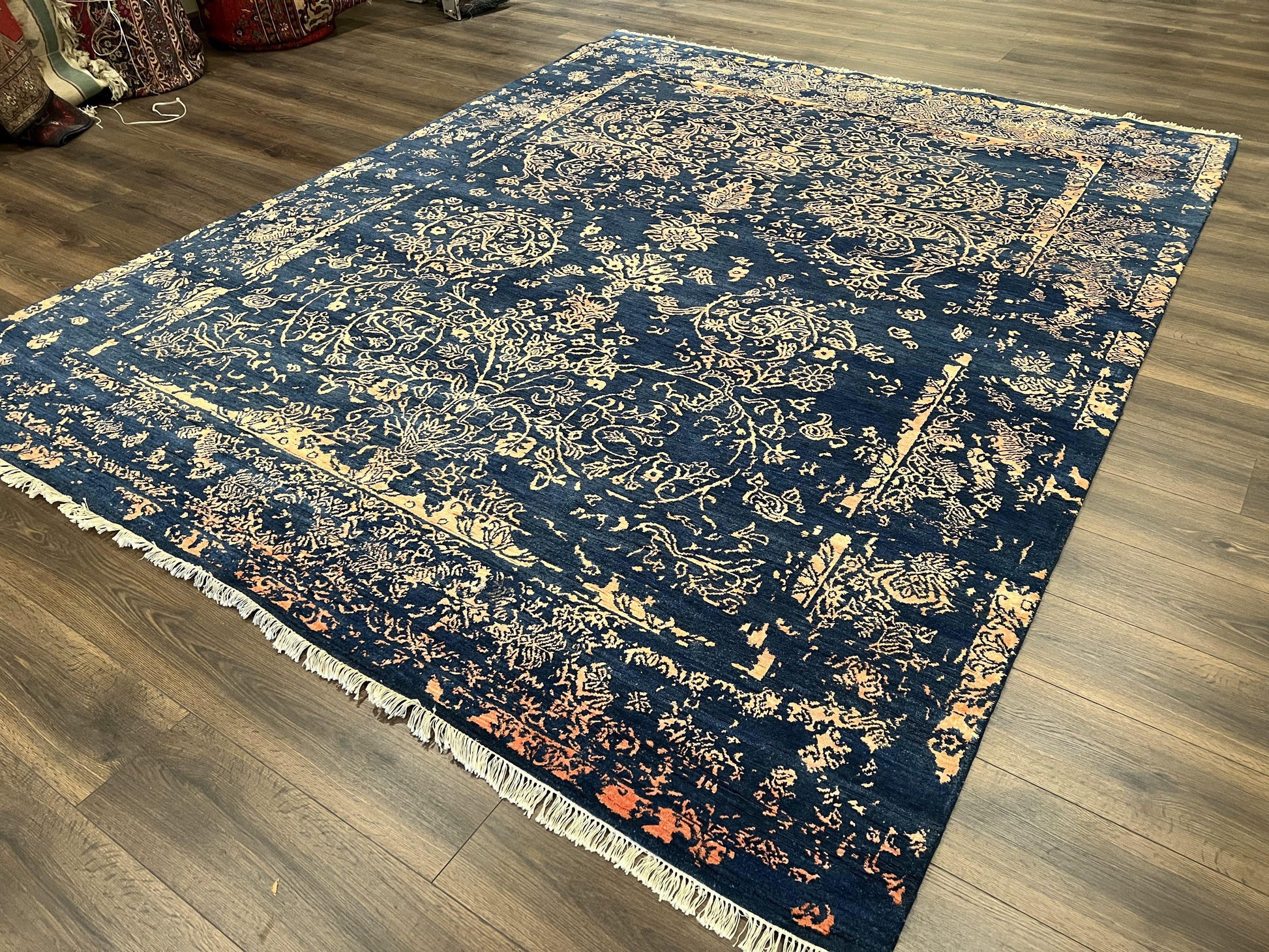 Area Rug 8x10 High Quality Handmade Oriental Carpet, Modern Contemporary Rug, Rug for Living Room, Wool Rug, Blue and Gold, Pakistani Rug - Nuvé