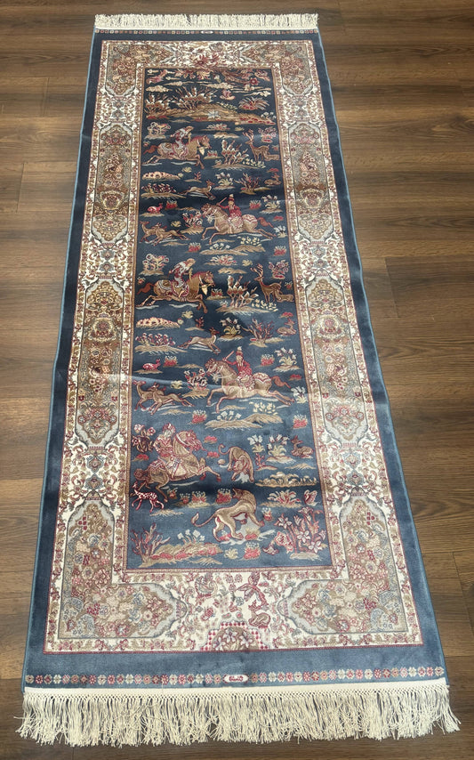 Turkish Silk Rug 2.6 x 6.7, Short Runner Rug, Blue & Ivory, Bamboo Silk, New - Nuvé