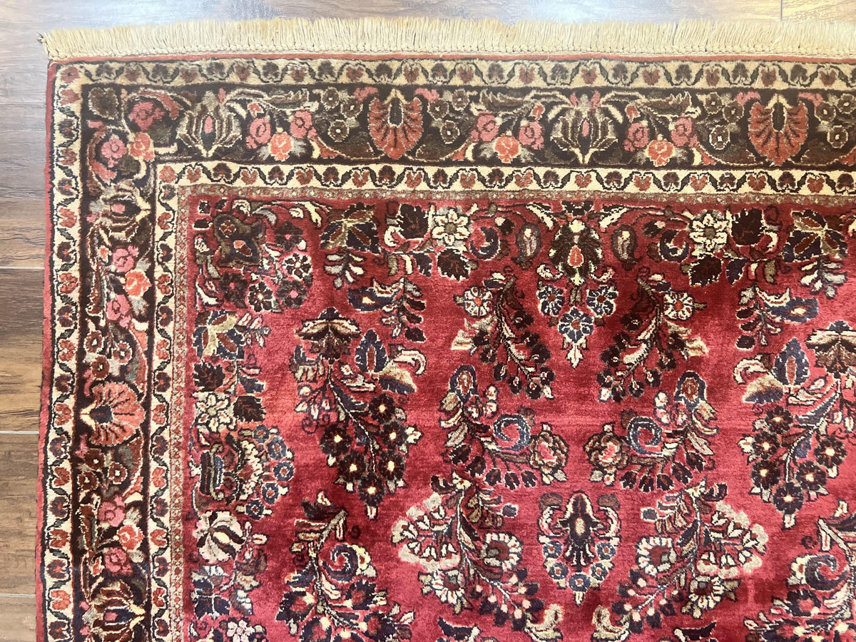 Antique Persian Sarouk Rug 4x7, Hand Knotted Wool Red Persian Carpet, Floral