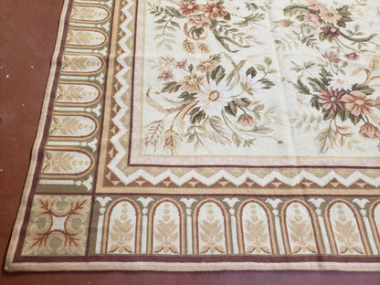 Needlepoint Rug 8x10 Aubusson Rug Victorian Floral Rug Handmade French Style French Decor Garden Panel Beige 8 x 10 Area Rug 100% Wool - Nuvé