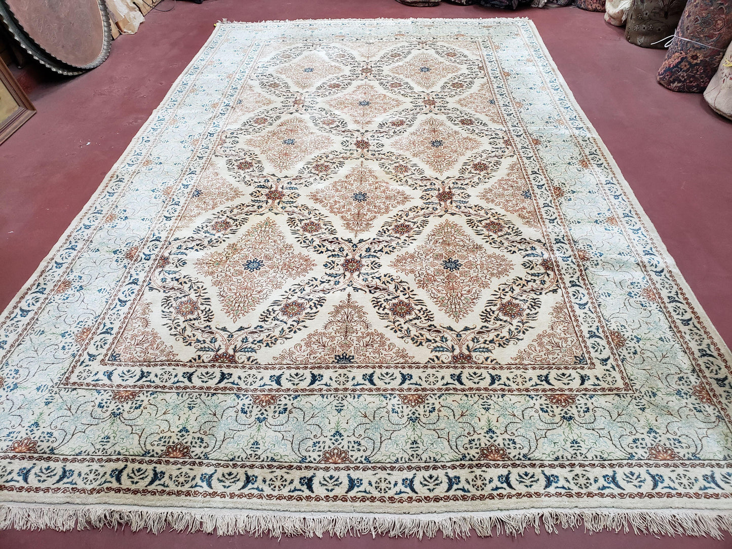 Fine Antique Persian Light Colored Kashan Carpet, 7x12, Top Quality, Rare, Ivory & Blues, Hand-Knotted, Wool - Nuvé