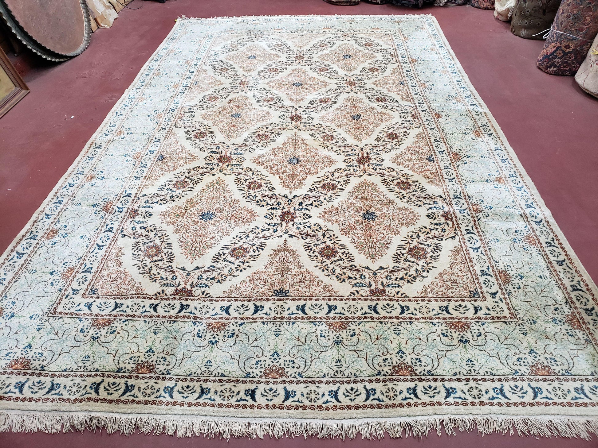 Fine Antique Persian Light Colored Kashan Carpet, 7x12, Top Quality, Rare, Ivory & Blues, Hand-Knotted, Wool - Nuvé