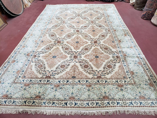Fine Antique Persian Light Colored Kashan Carpet, 7x12, Top Quality, Rare, Ivory & Blues, Hand-Knotted, Wool - Nuvé