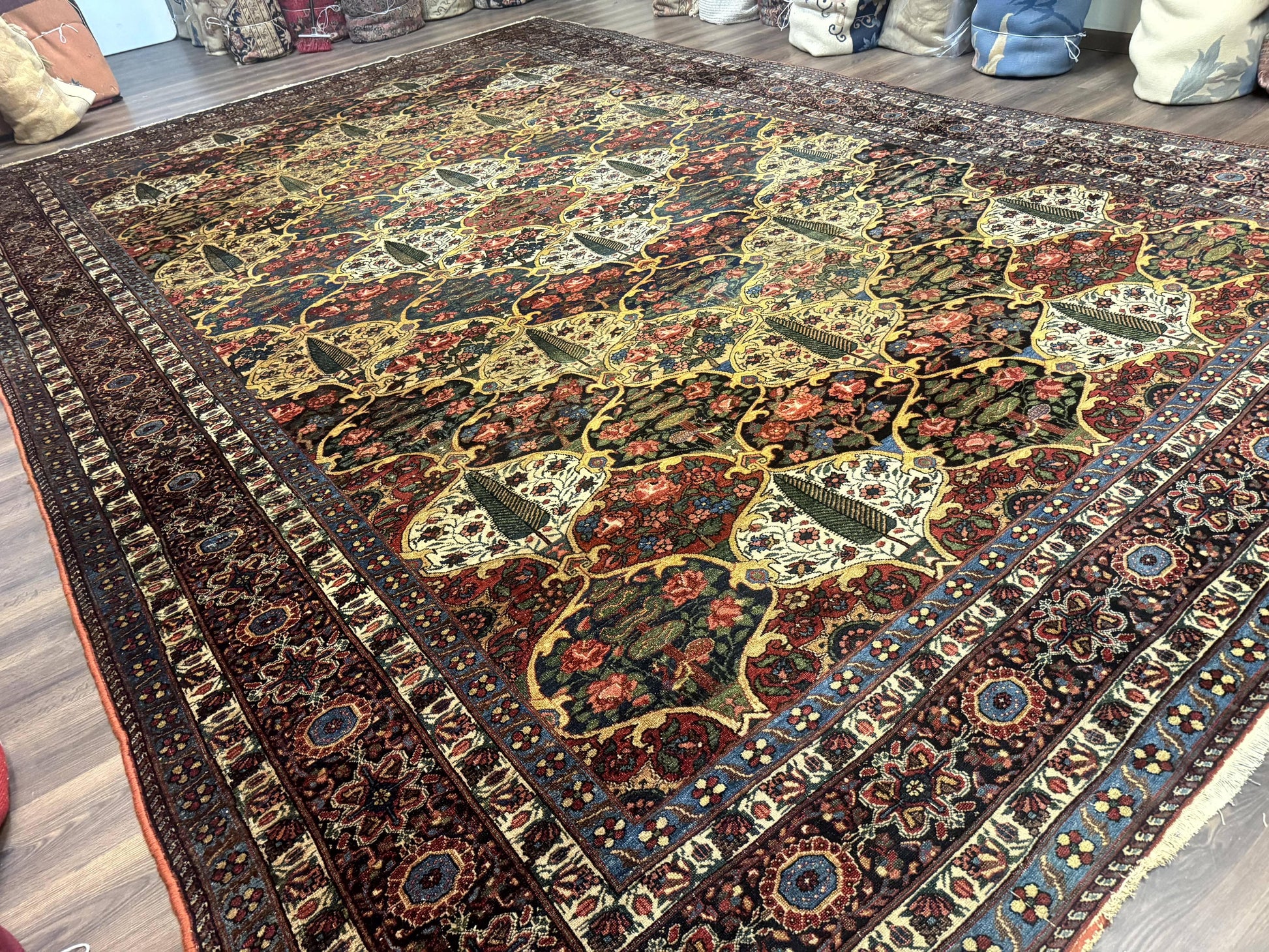 Antique Persian Bakhtiari Rug 12x19, Palace Size Wool Handmade Persian Carpet, Oversized Rug, Panel Design, Peacocks, Multicolor, Rare - Nuvé