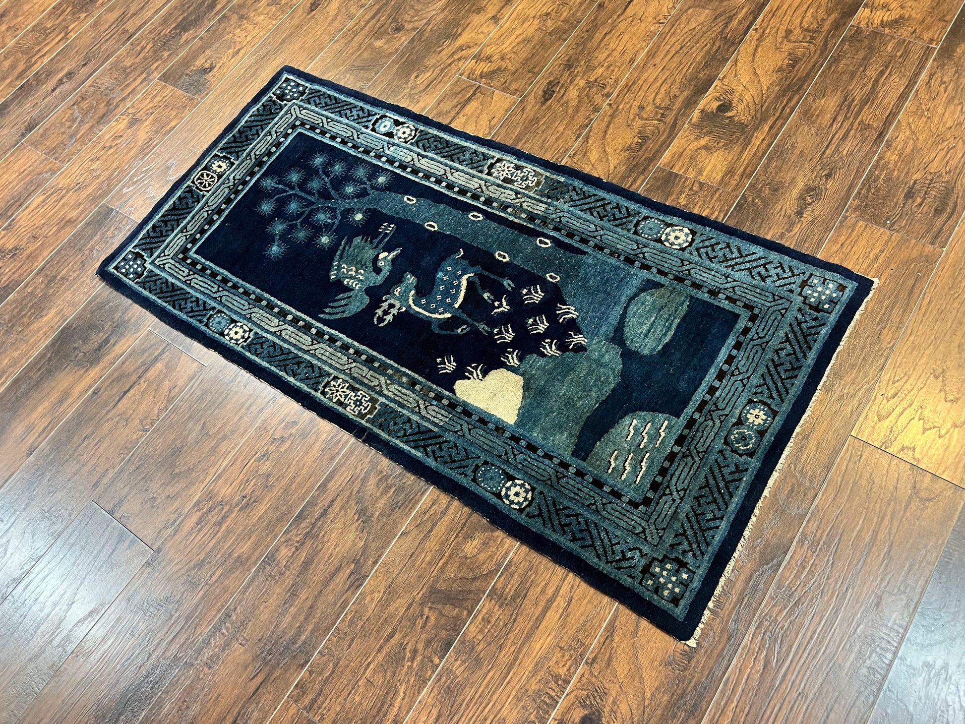 Antique Chinese Peking Rug 3x5, Dark Blue Chinese Wool Rug 3 x 5, Animal Pictorials Deer Birds, Handmade Asian Oriental Chinese Carpet - Nuvé