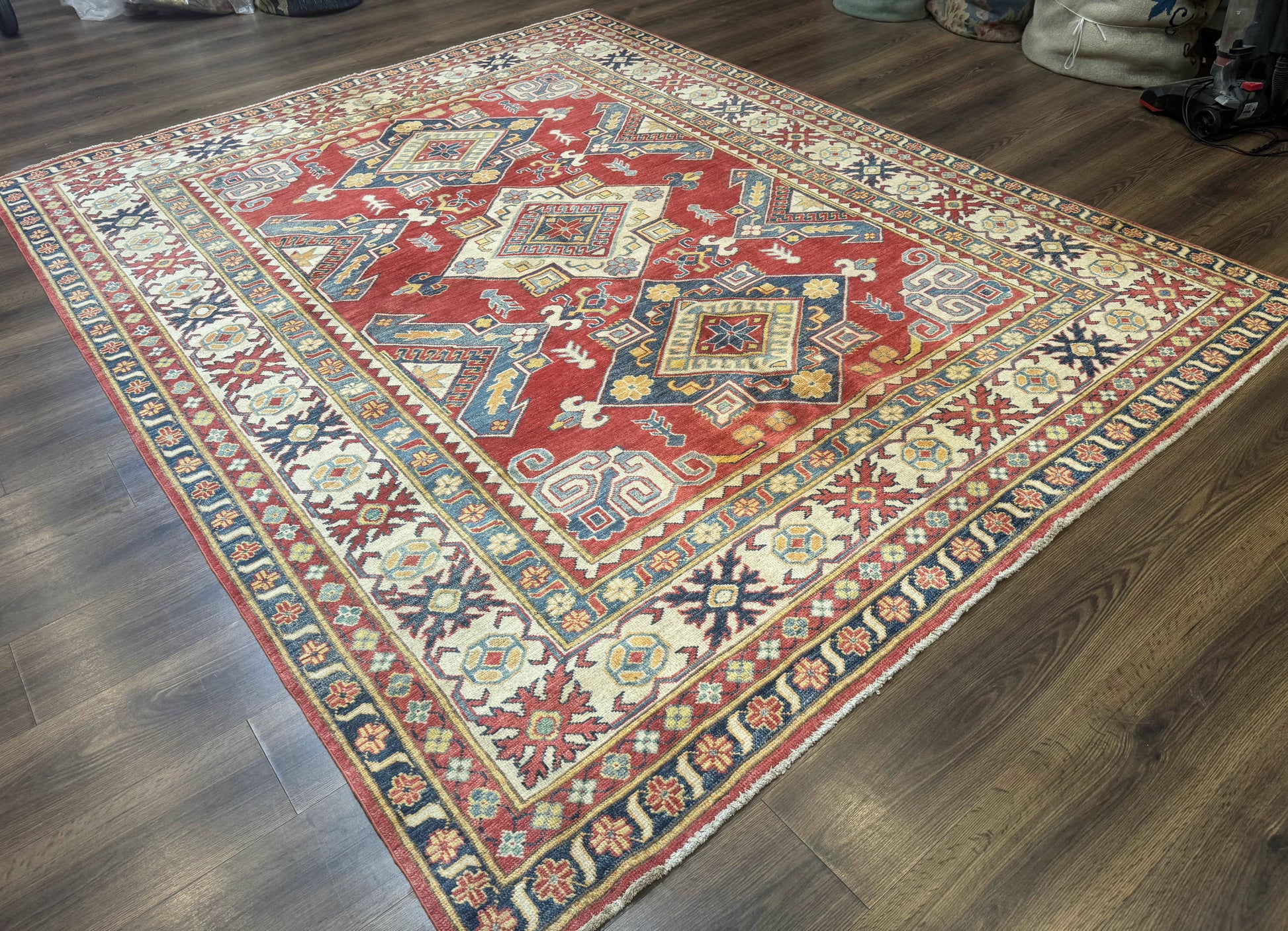 Turkish Kazak Rug 7.6 x 9.5, Geometric Medallions, Caucasian Pattern - Nuvé