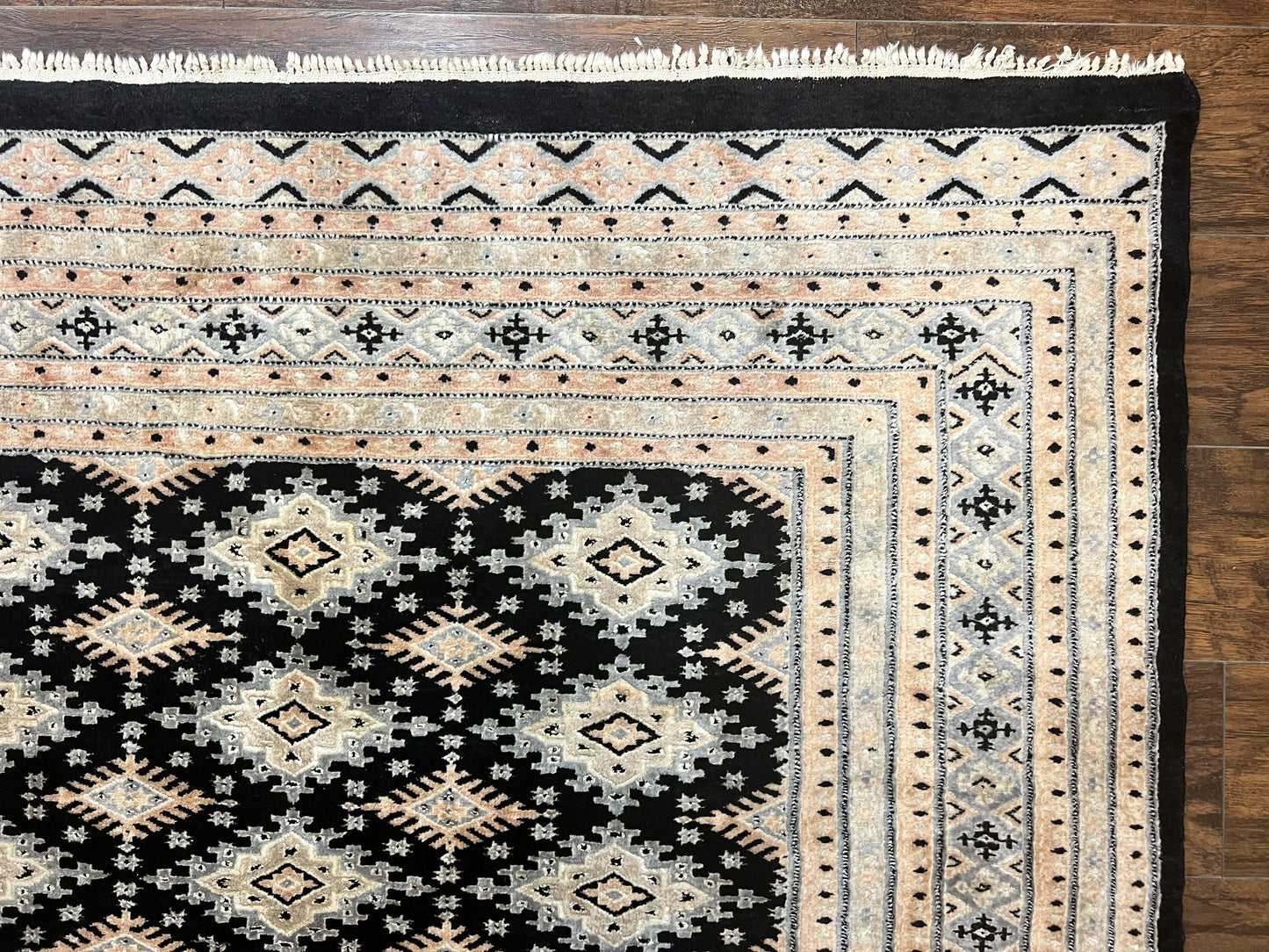 Pakistani Bokhara Rug 6x9, Hand Knotted Vintage Wool Carpet with Silk Highlights, Very Fine 320 KPSI, Medium Size