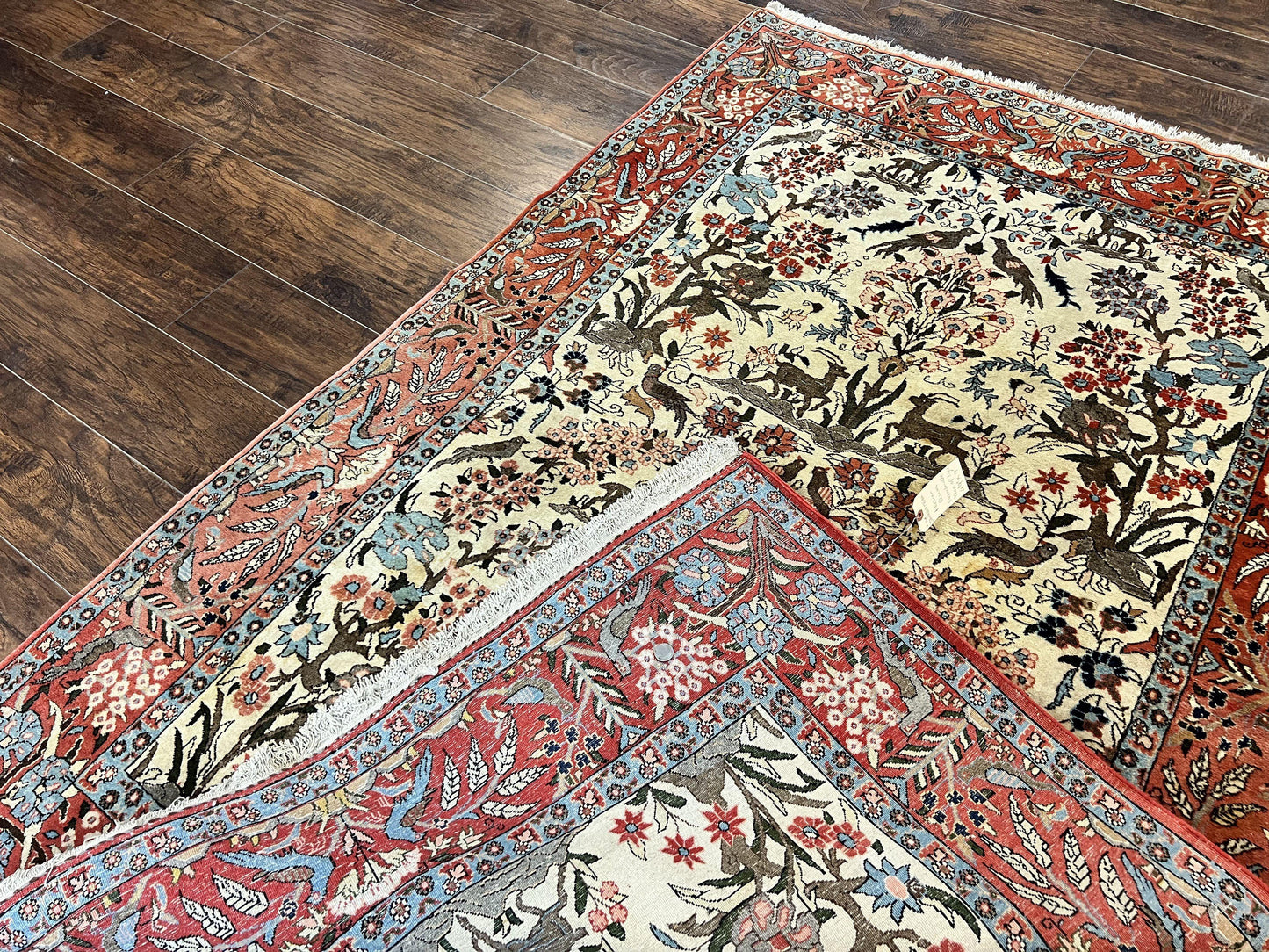Persian Tree of Life 5x7, Qum Rug, Animal Motifs, Deer Birds, Fine 225 KPSI, Semi Antique Vintage Handmade Wool Rug, Cream Red - Nuvé