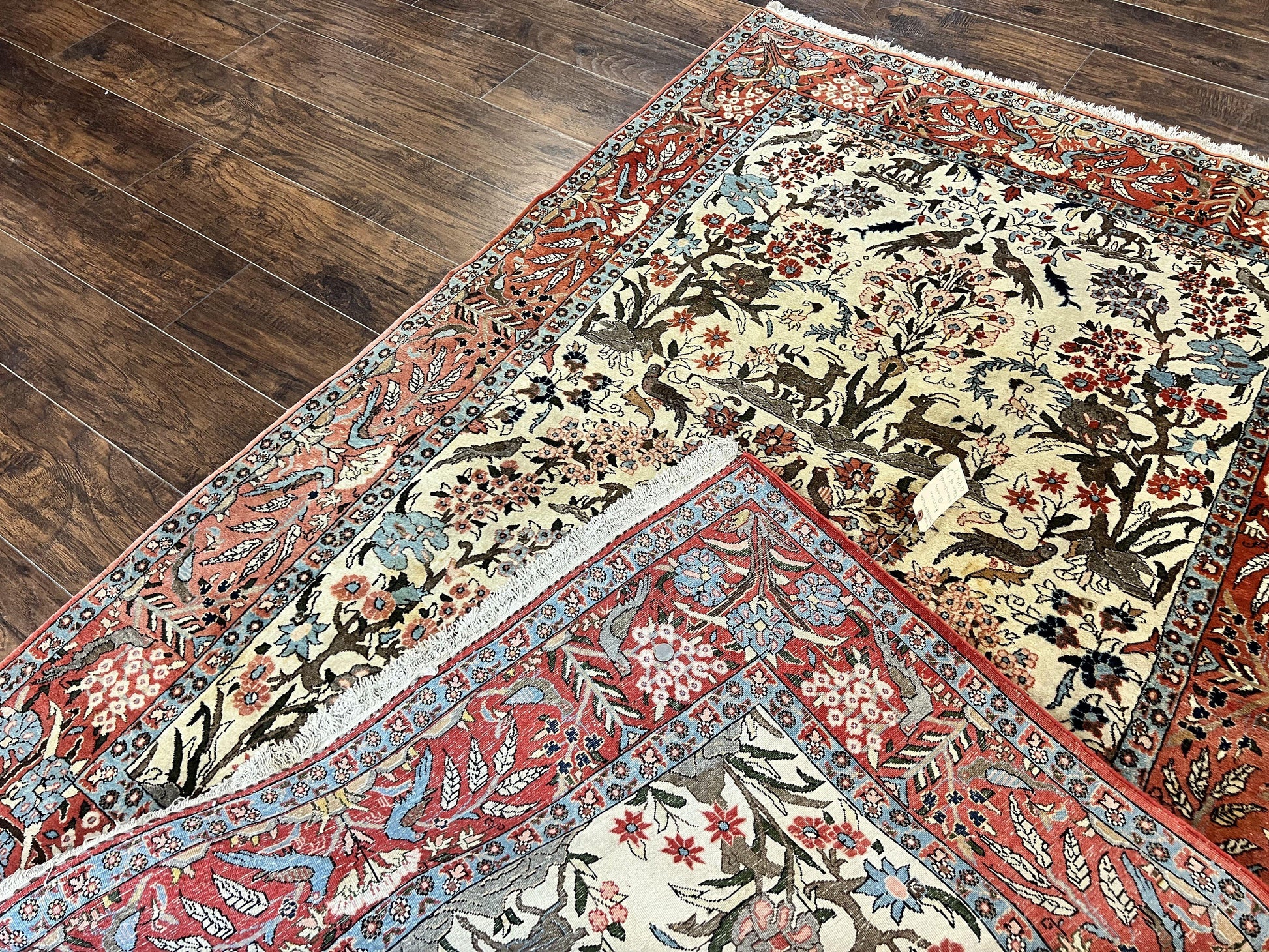 Persian Tree of Life 5x7, Qum Rug, Animal Motifs, Deer Birds, Fine 225 KPSI, Semi Antique Vintage Handmade Wool Rug, Cream Red - Nuvé