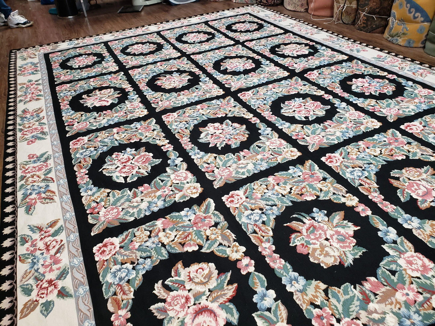 Floral Needlepoint Rug 9.5 x 13.6, Floral Panel Design, Black and Ivory Flatweave Aubusson Carpet, Multicolor - Nuvé