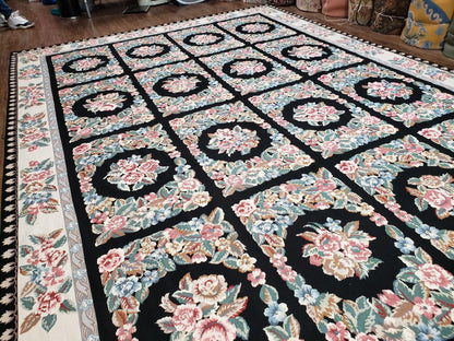 Floral Needlepoint Rug 9.5 x 13.6, Floral Panel Design, Black and Ivory Flatweave Aubusson Carpet, Multicolor - Nuvé