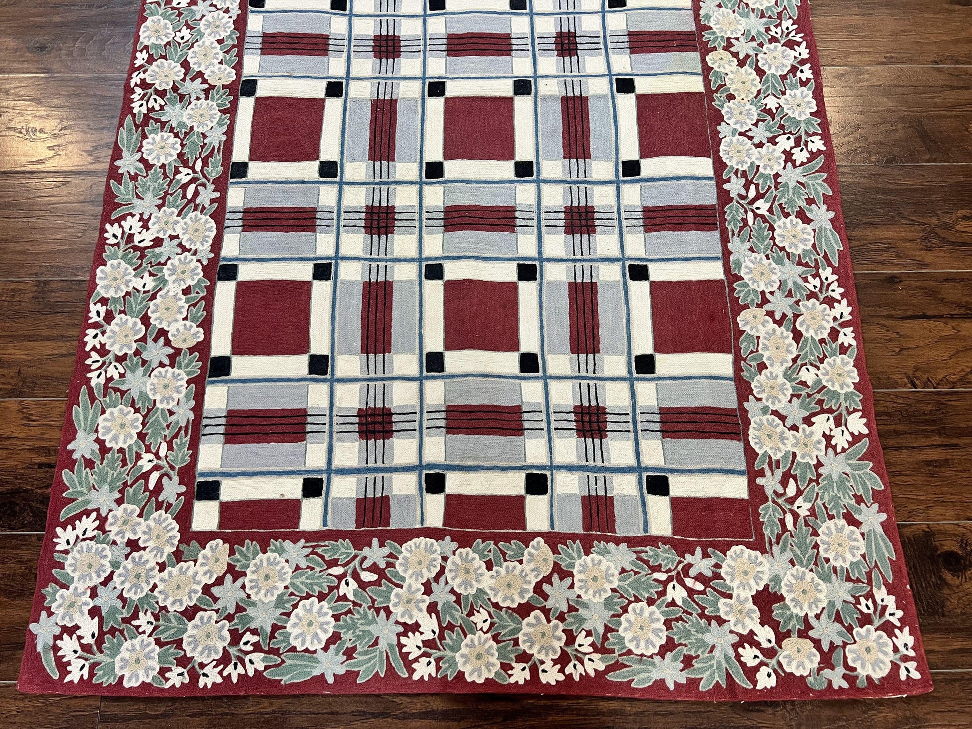 Indian Hand Stitched Rug 4x6, Vintage Carpet, Checkerboard Floral Pattern, Maroon Ivory, Flatweave, Wool - Nuvé