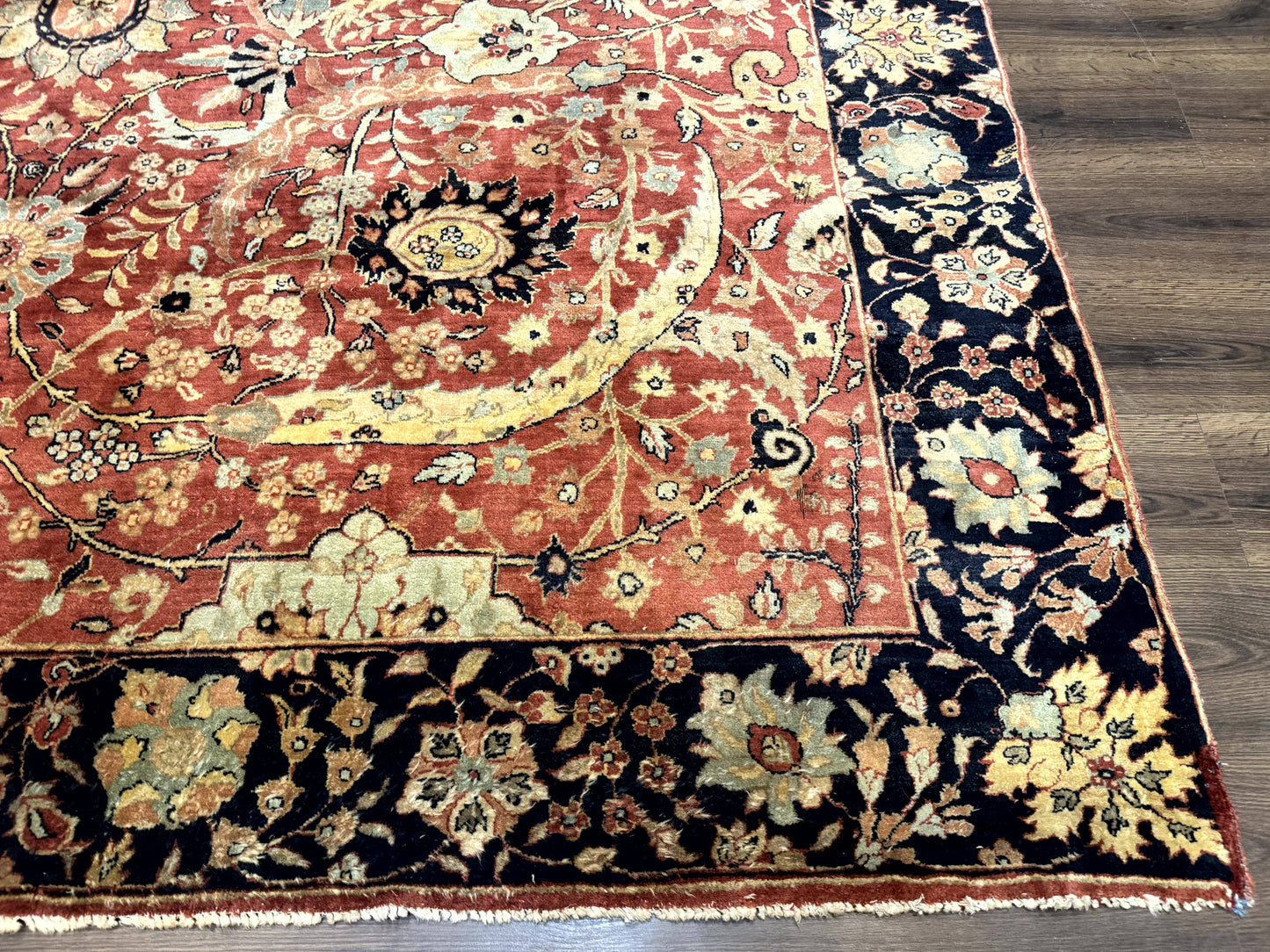 Indian Agra Rug 9x11, Terracotta and Navy Blue, Sickle Leaf Rug - Nuvé