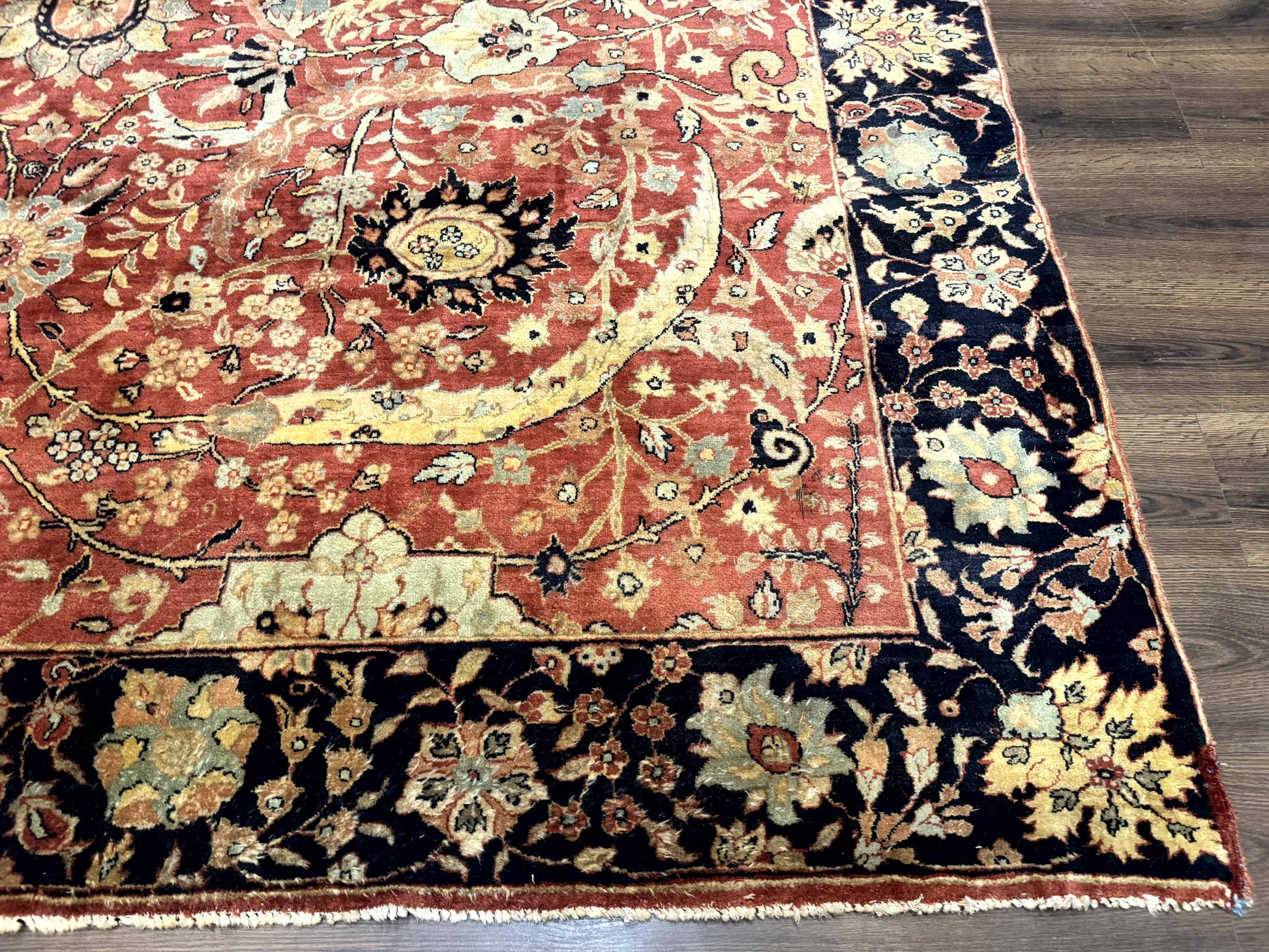 Indian Agra Rug 9x11, Terracotta and Navy Blue, Sickle Leaf Rug - Nuvé