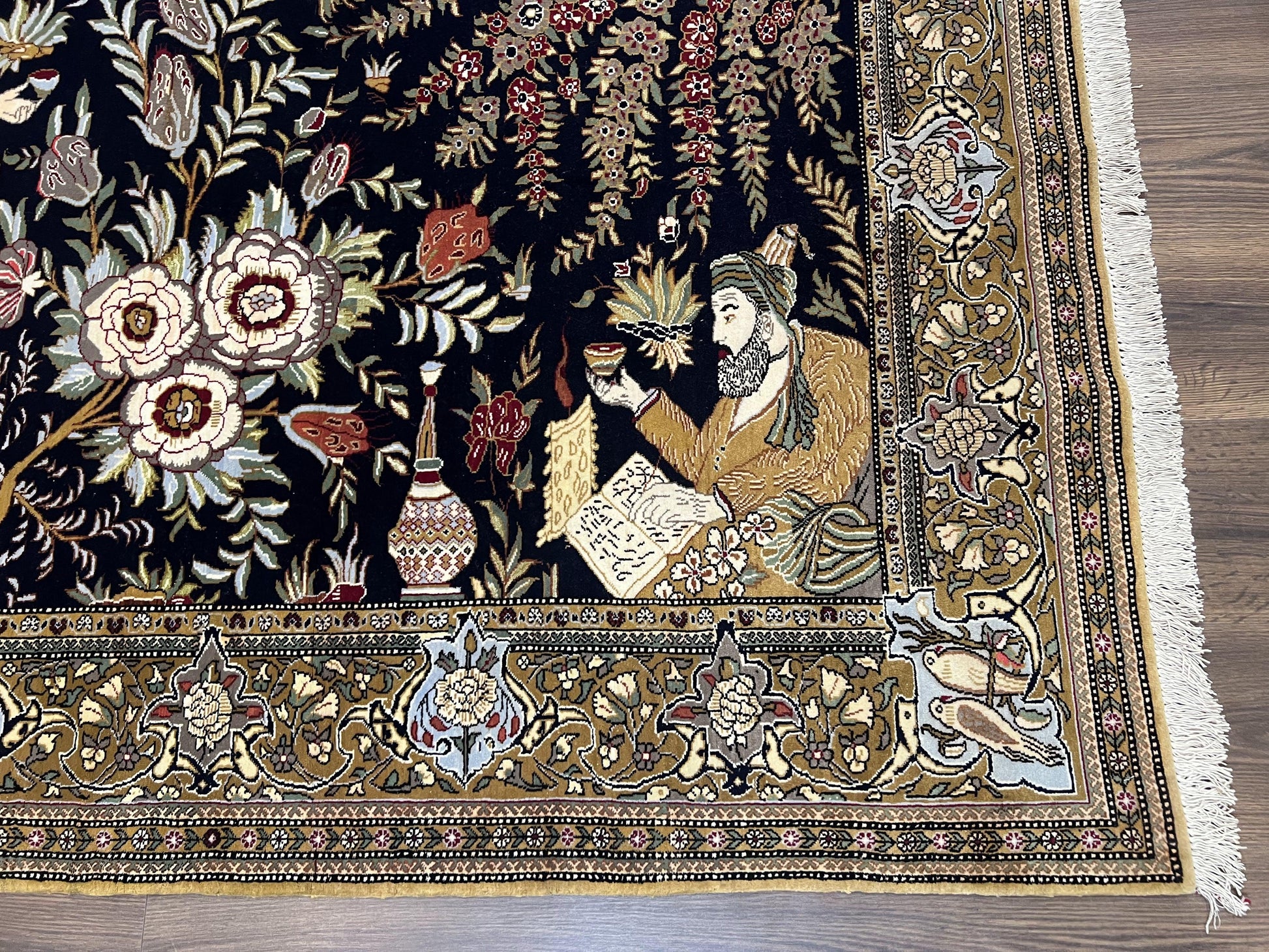 Persian Qum Pictorial Rug 4.8 x 6.5 - Layla & Majnun, Birds - Nuvé