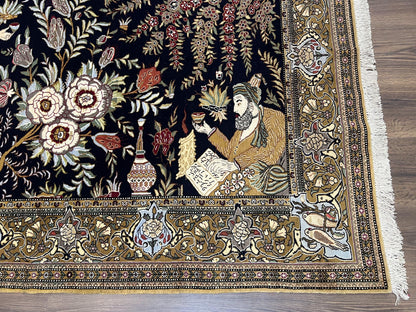 Persian Qum Pictorial Rug 4.8 x 6.5 - Layla & Majnun, Birds - Nuvé