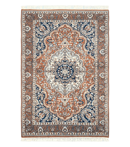 Antique Indian Kashmiri Area Rug 4x6, Wool Hand-Knotted Red & Ivory Floral Medallion Persian Carpet, Vintage Oriental Entryway Rug 4 x 6