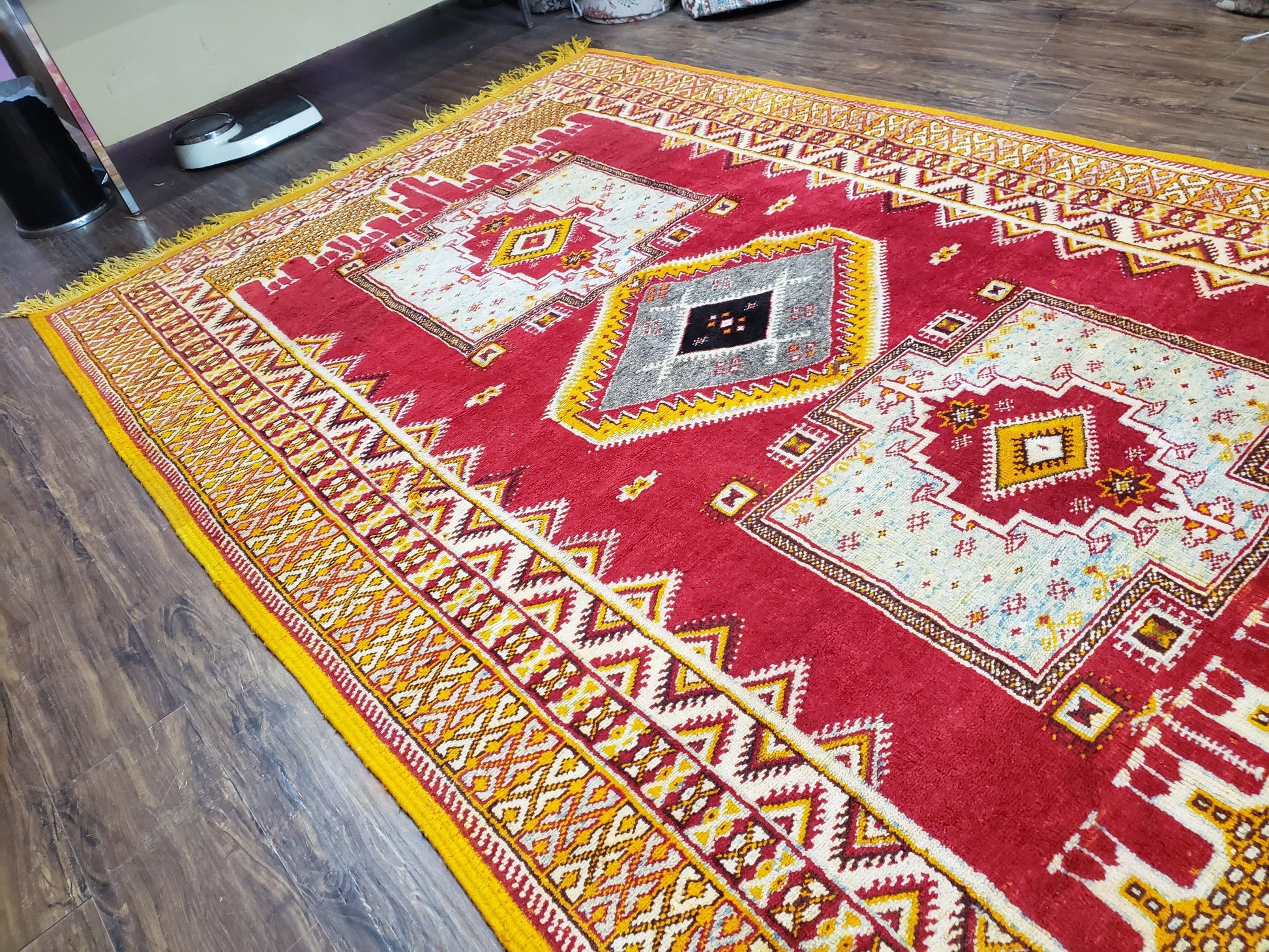 Vintage Moroccan Rug 6x10, Red and Yellow Moroccan Carpet, Handmade Bohemian Tribal Area Rug, Hand-Knotted 1970s Wool Rug, Medalions - Nuvé