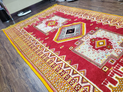 Vintage Moroccan Rug 6x10, Red and Yellow Moroccan Carpet, Handmade Bohemian Tribal Area Rug, Hand-Knotted 1970s Wool Rug, Medalions - Nuvé