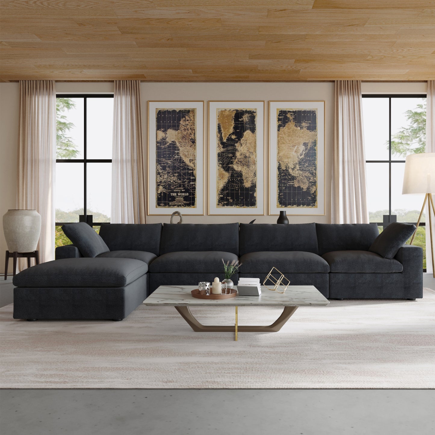 Nuvé® Solace Modular Bouclé Cloud Sofa - Obsidian Black - 4-Seater Sectional Sofa with Ottoman - Nuvé