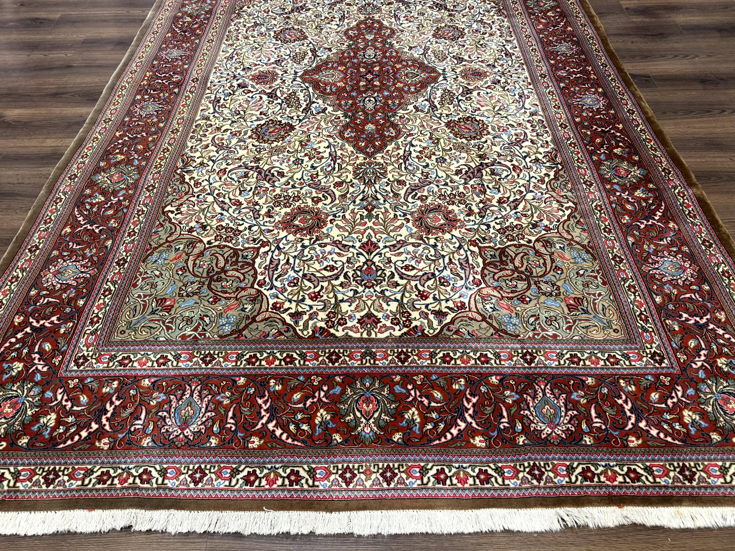 Persian Qum Rug 7x11, Beige and Red, Highly Detailed Floral Pattern, Fine 260 KPSI - Nuvé