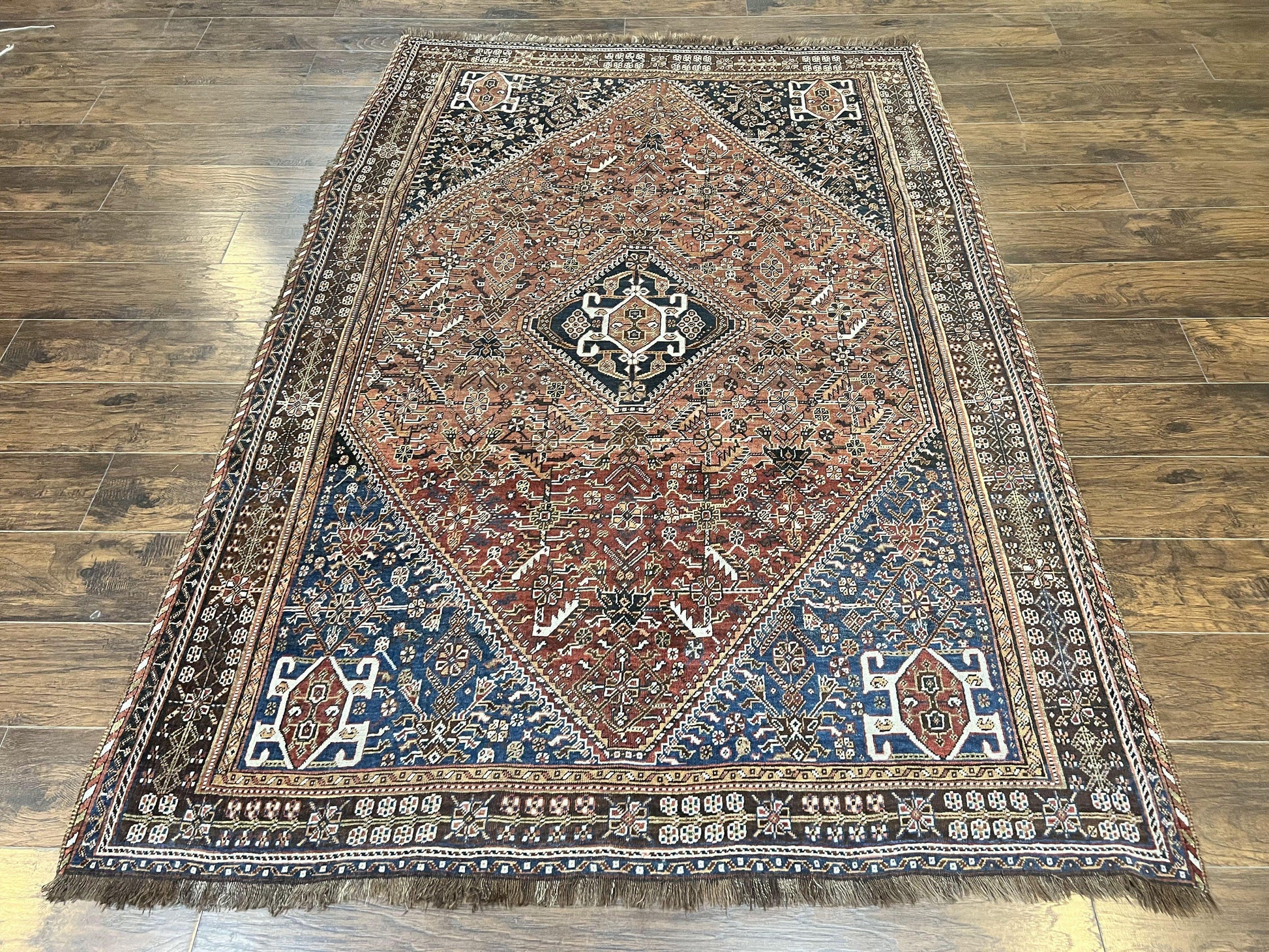 Antique Persian Shiraz Tribal Rug 6x8, Geometric Rug, Wool Handmade Hand Knotted Carpet, Red Blue - Nuvé