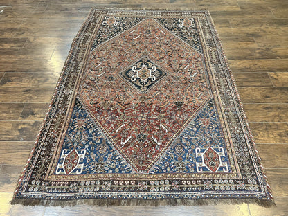 Antique Persian Shiraz Tribal Rug 6x8, Geometric Rug, Wool Handmade Hand Knotted Carpet, Red Blue - Nuvé