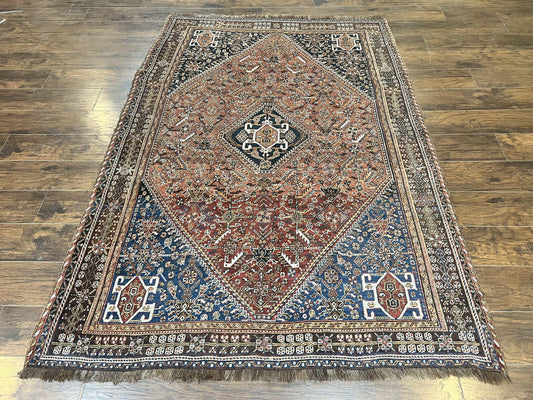 Antique Persian Shiraz Tribal Rug 6x8, Geometric Rug, Wool Handmade Hand Knotted Carpet, Red Blue - Nuvé