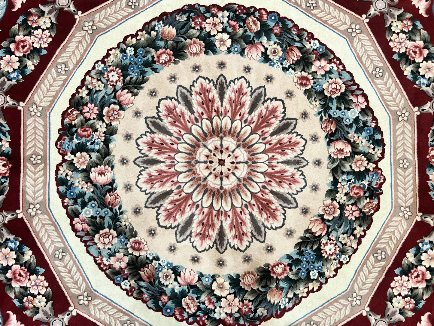 Chinese Aubusson Rug 9x12, Burgundy, Handmade Vintage Wool Carpet, Fine 210 KPSI, Elegant European Design - Nuvé