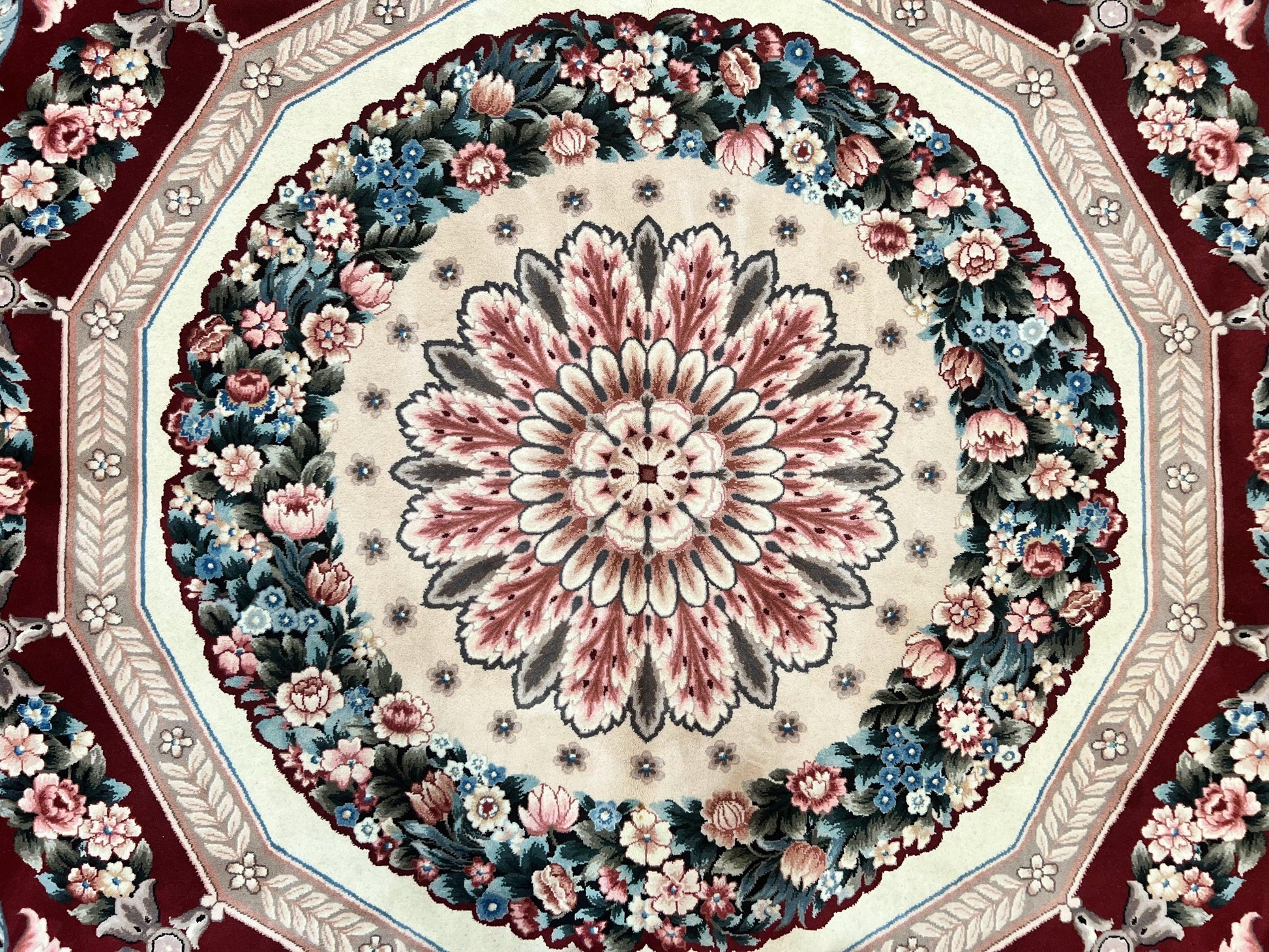 Chinese Aubusson Rug 9x12, Burgundy, Handmade Vintage Wool Carpet, Fine 210 KPSI, Elegant European Design - Nuvé