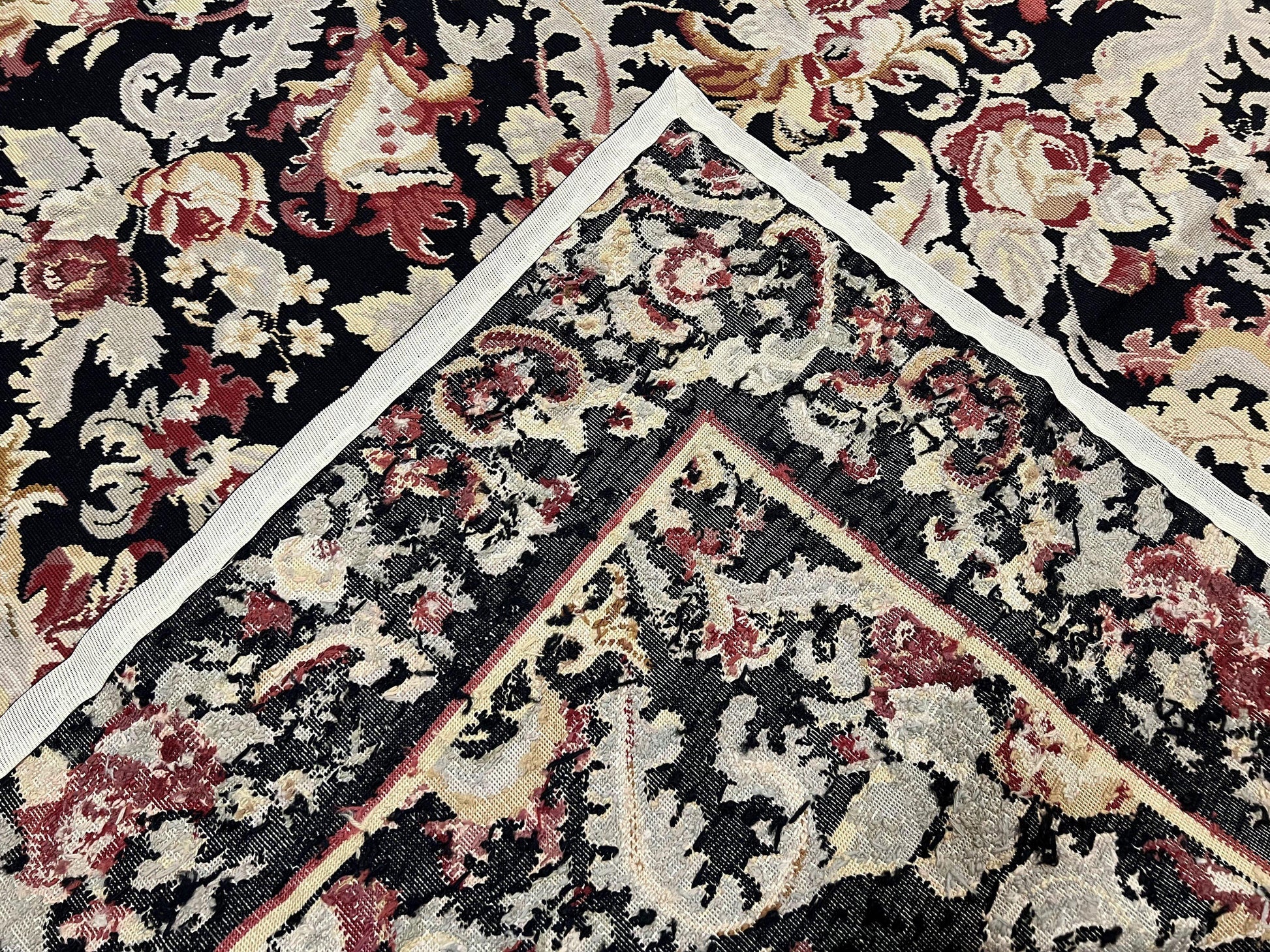 Wool Needlepoint Rug 9x12, William Morris Vintage Chinese Needlepoint Carpet 9 x 12, Handwoven, Allover Floral Area Rug, Black Light Green - Nuvé