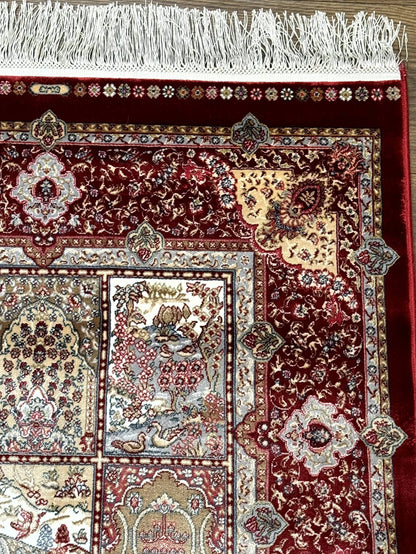 Turkish Silk Runner Rug 2.6 x 11.6, Panel Design, Dark Red Ivory, Bamboo Silk, New