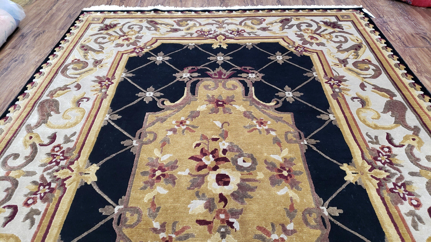 6x9 Nepalese Rug, Aubusson Savonnerie Area Rug 6 x 9 with Soft Pile, Hand-Knotted Wool Black & Beige Tibetan New Carpet European Design - Nuvé