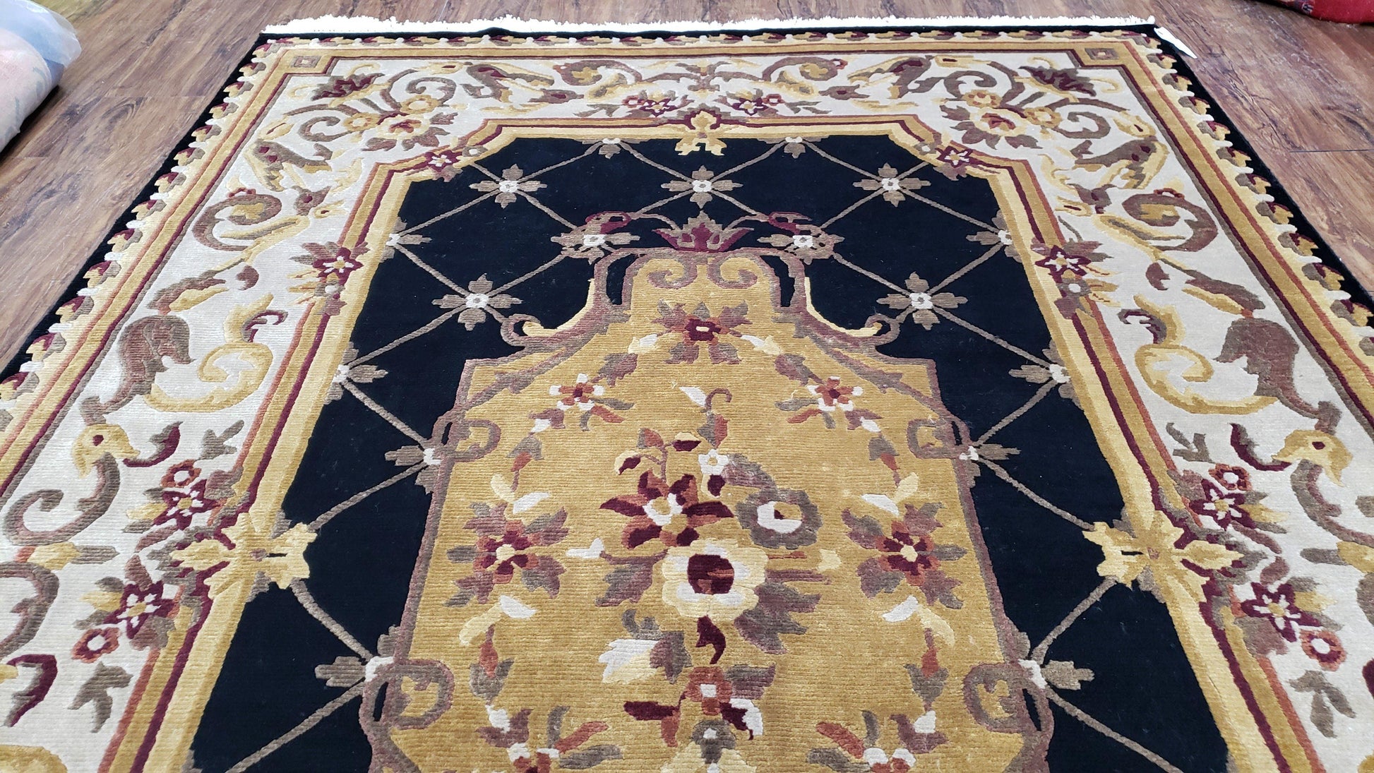 6x9 Nepalese Rug, Aubusson Savonnerie Area Rug 6 x 9 with Soft Pile, Hand-Knotted Wool Black & Beige Tibetan New Carpet European Design - Nuvé