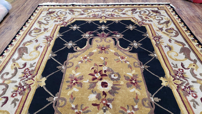 6x9 Nepalese Rug, Aubusson Savonnerie Area Rug 6 x 9 with Soft Pile, Hand-Knotted Wool Black & Beige Tibetan New Carpet European Design - Nuvé