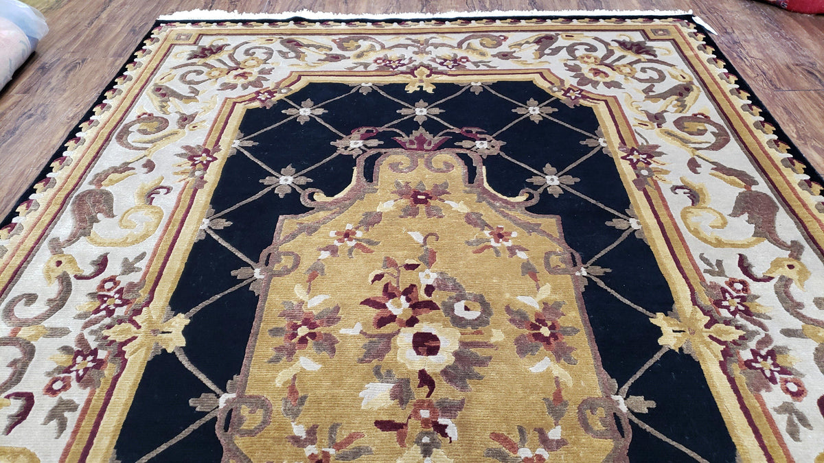 6x9 Nepalese Rug, Aubusson Savonnerie Area Rug 6 x 9 with Soft Pile, Hand-Knotted Wool Black & Beige Tibetan New Carpet European Design