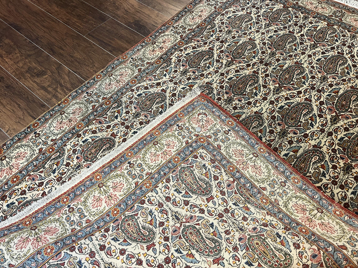 Persian Qum Rug 5x6, Cream Wool Hand Knotted Carpet, Repeated Boteh Paisely Design, Semi Antique Vintage Rug, Very Fine Weave 5 x 6 Rug - Nuvé