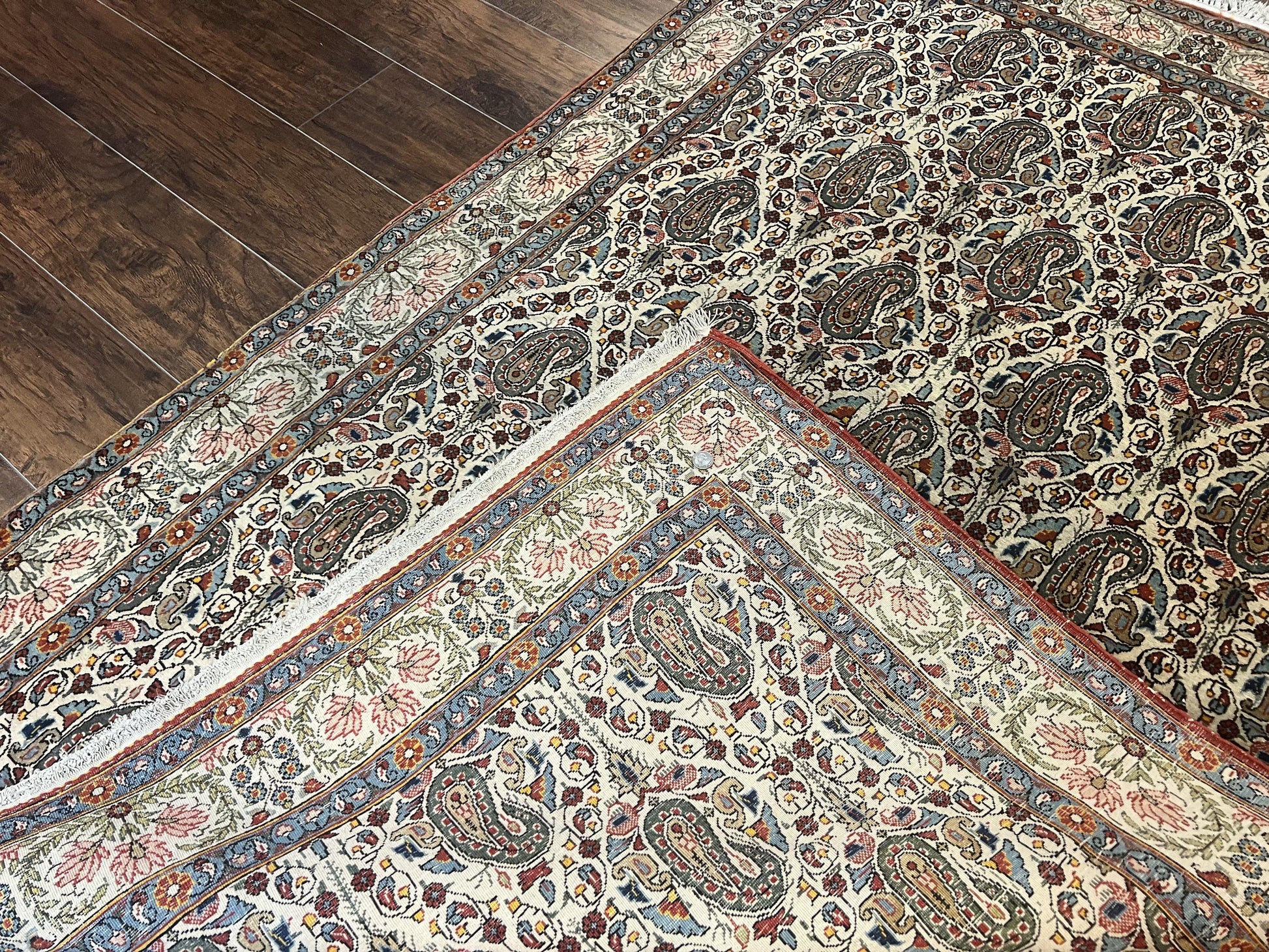 Persian Qum Rug 5x6, Cream Wool Hand Knotted Carpet, Repeated Boteh Paisely Design, Semi Antique Vintage Rug, Very Fine Weave 5 x 6 Rug - Nuvé