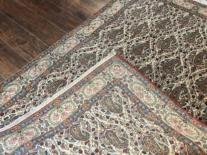 Persian Qum Rug 5x6, Cream Wool Hand Knotted Carpet, Repeated Boteh Paisely Design, Semi Antique Vintage Rug, Very Fine Weave 5 x 6 Rug - Nuvé