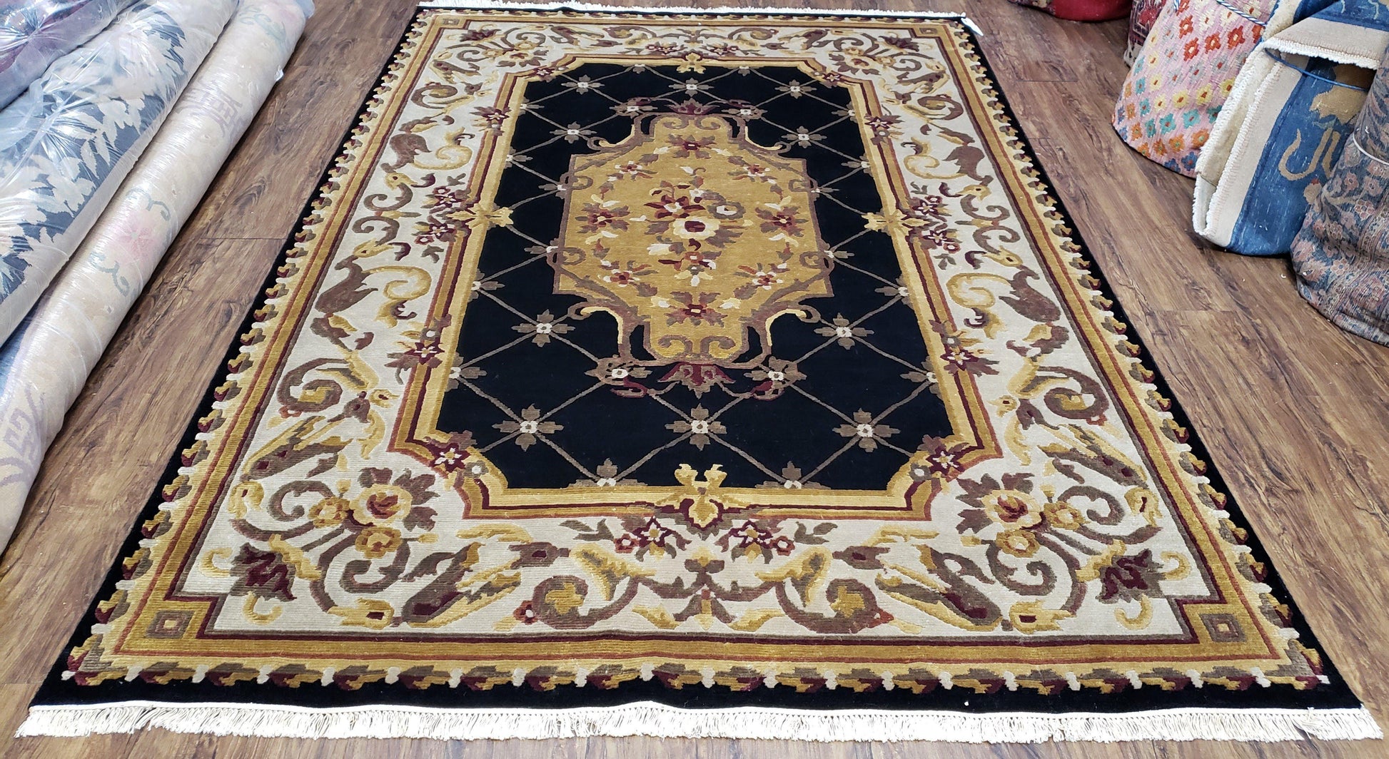 6x9 Nepalese Rug, Aubusson Savonnerie Area Rug 6 x 9 with Soft Pile, Hand-Knotted Wool Black & Beige Tibetan New Carpet European Design - Nuvé