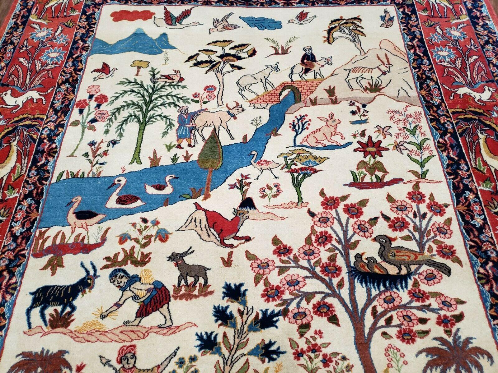 Antique Persian Isfahan Rug 5x7, Animal and Human Pictorials, Hand Knotted Fine Oriental Wool Carpet, Cream and Red, High KPSI, Vintage Rug 5 x 7 ft - Nuvé